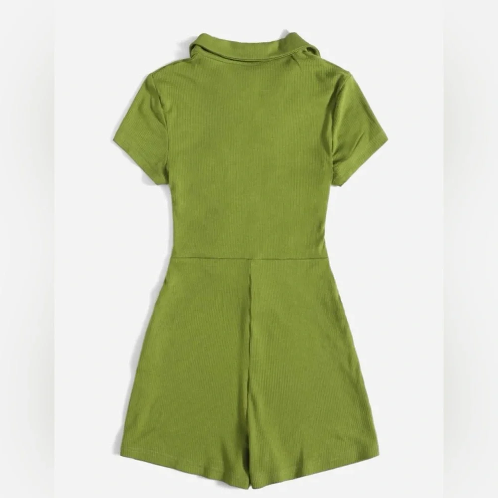 SHEIN Button Placket Ruched Front Rib-knit Solid Romper - Picture 2 of 6